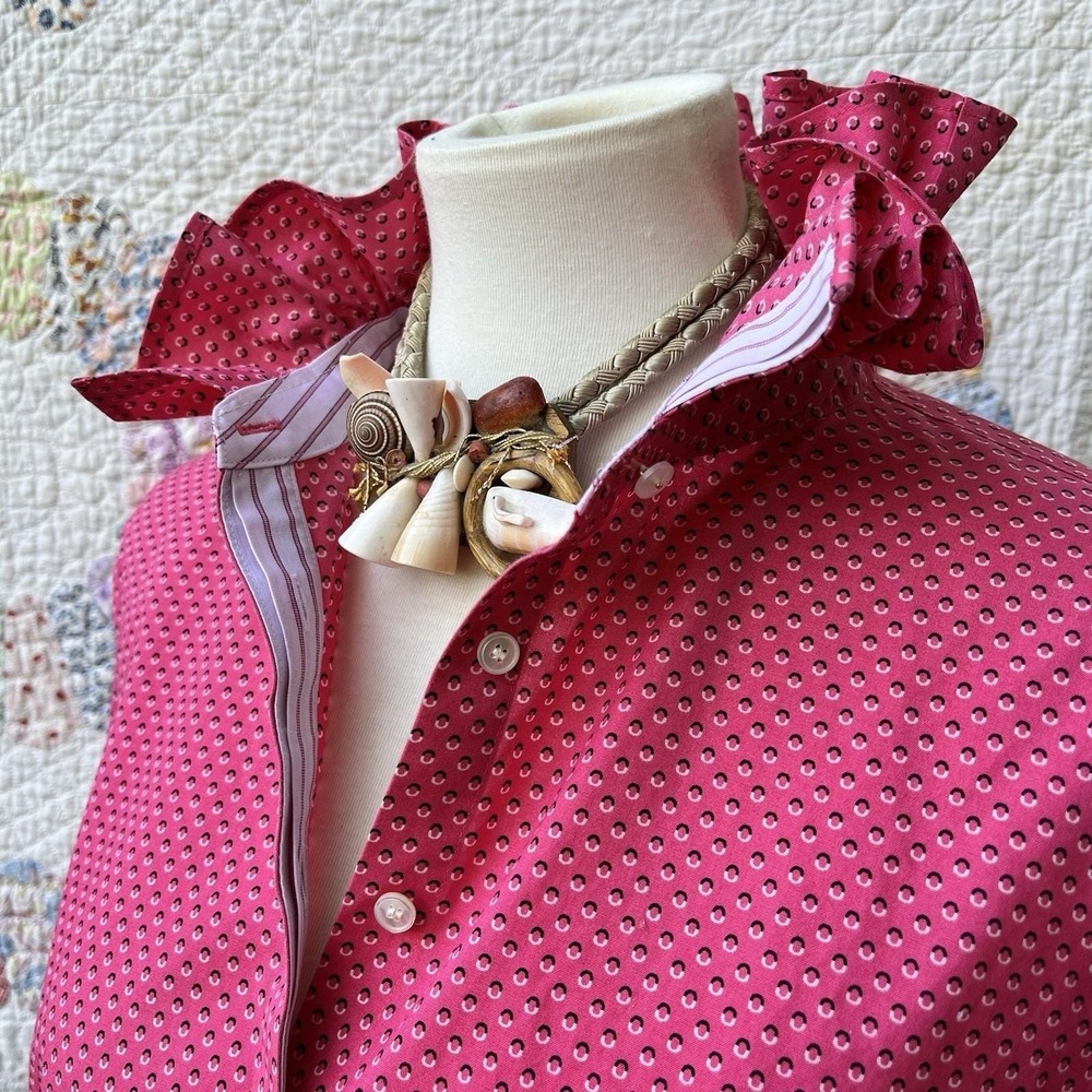 Upcycled Re-worked Talbots Hot Pink Polka Dot Fitted Ruffle Collar Shirt L - Picture 5 of 11